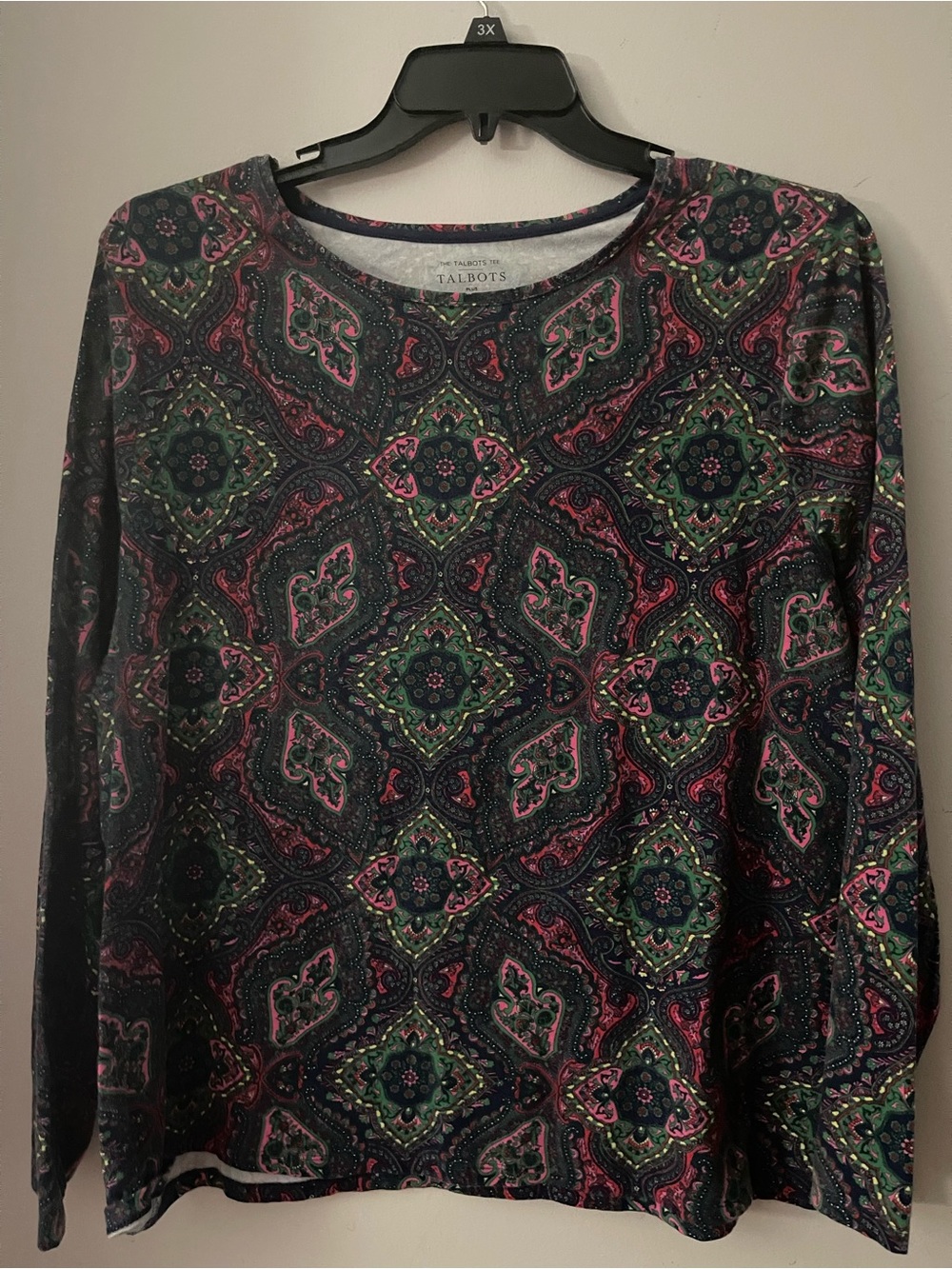 Talbots Navy Long-Sleeve Paisley Top with Pink & Green Accents